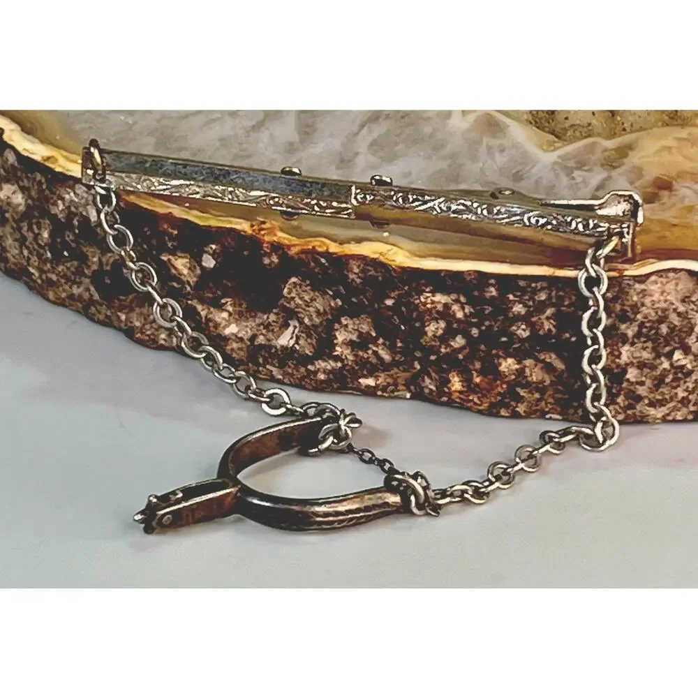 Vintage Sterling Silver Boot Spur Tie Clip Chain Silver Tone Western Cowboy 3”